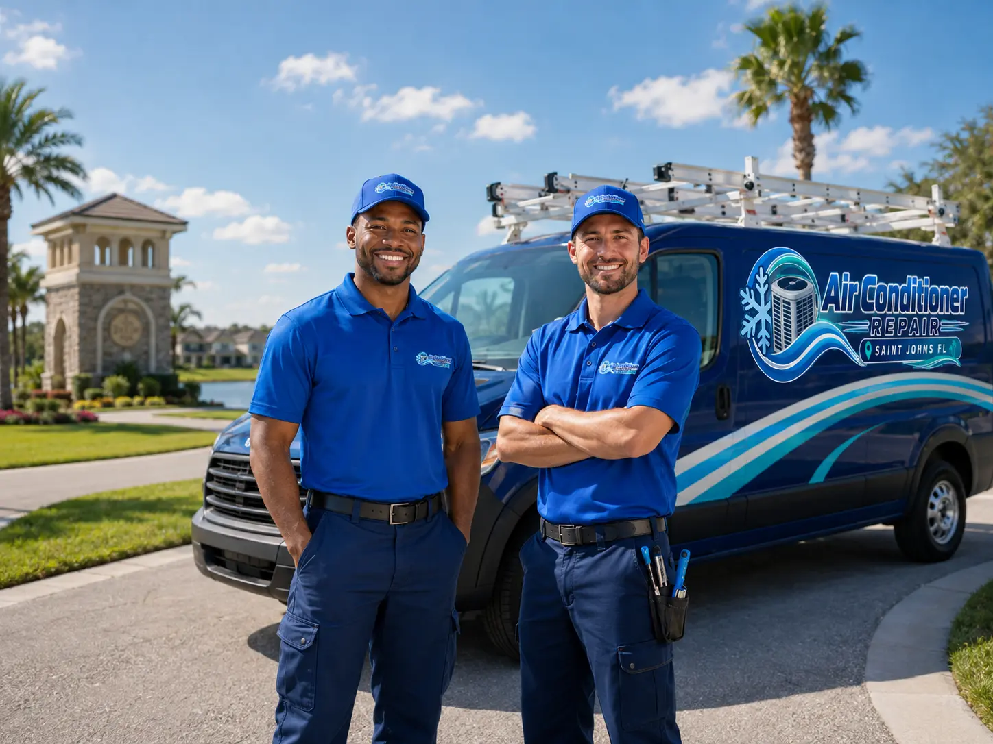 Two HVAC technicians standing beside a branded service van