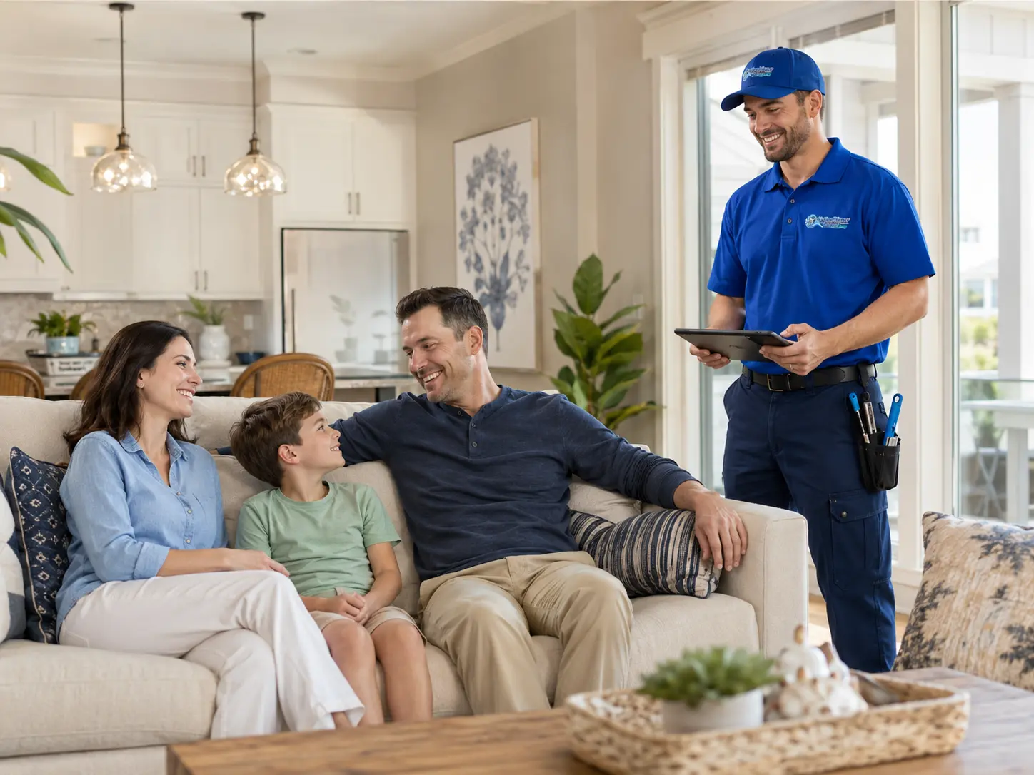 Family relaxing in a cool living room after air conditioning service in Saint Johns, Florida