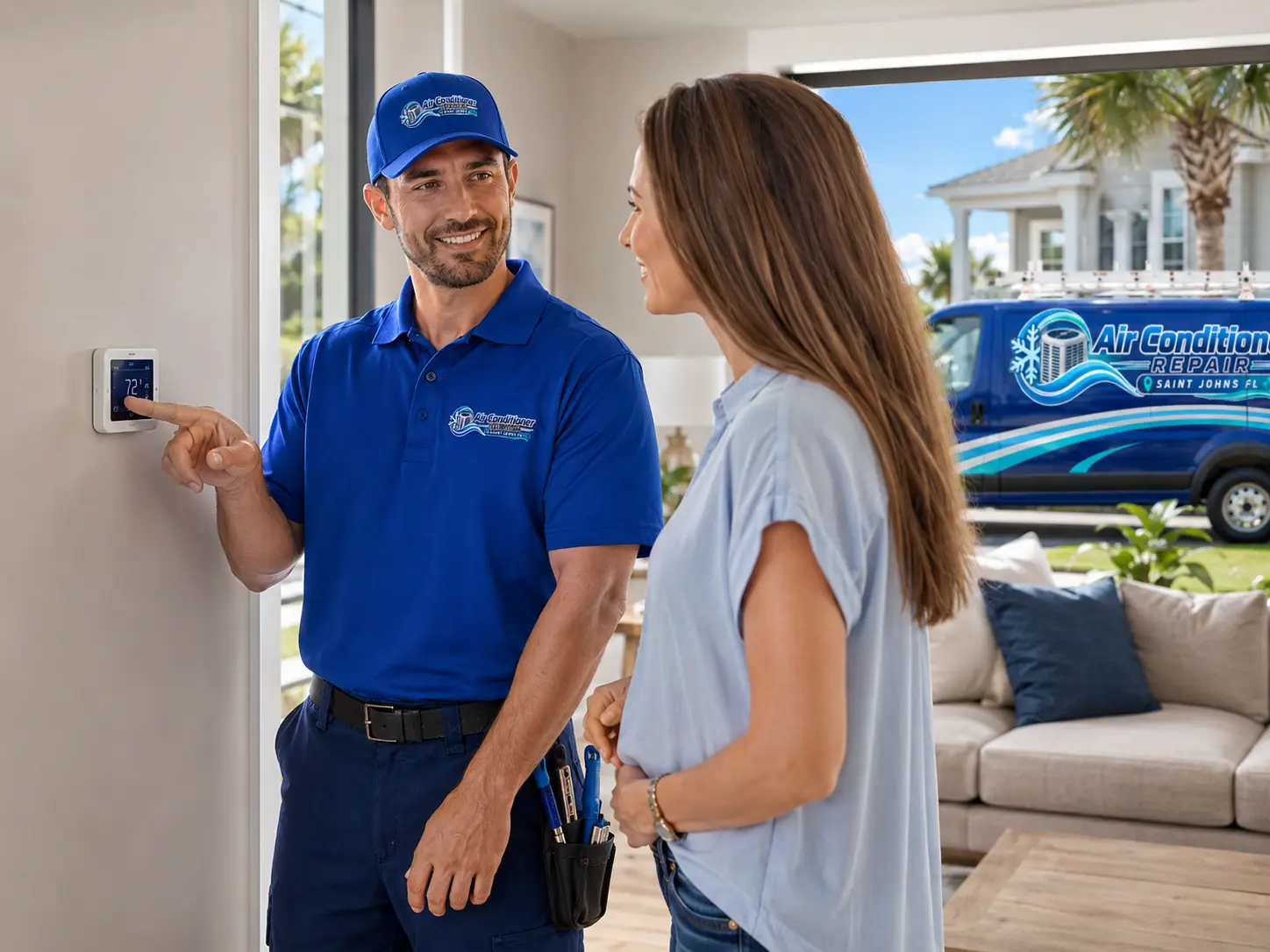Technician explaining thermostat settings to a homeowner in Saint Johns, Florida