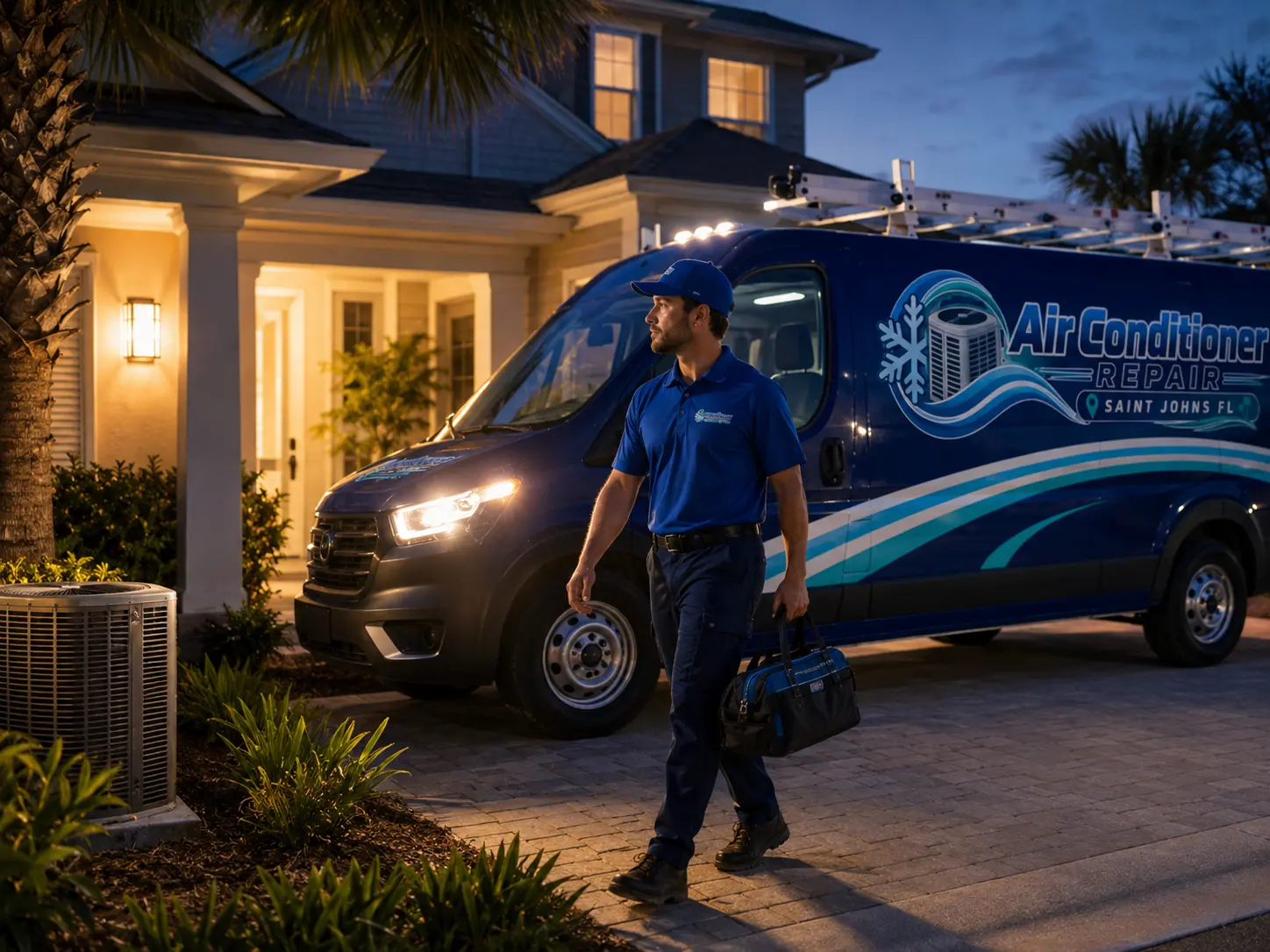 Technician arriving for evening emergency AC service call