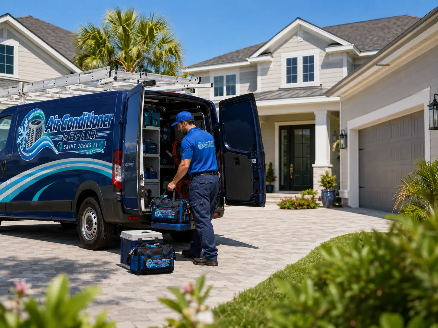 Technician unloading new AC equipment from a branded van