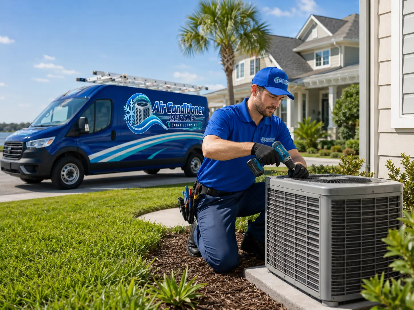 Technician performing seasonal service on an outdoor condenser unit
