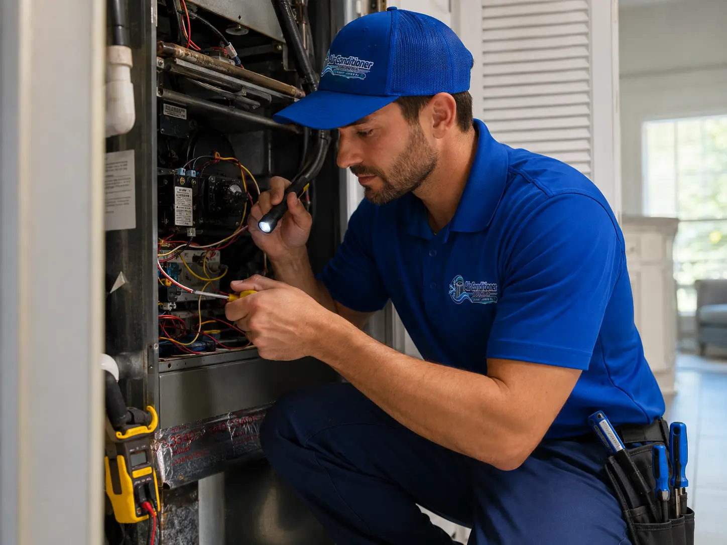 Technician repairing an indoor air handler unit