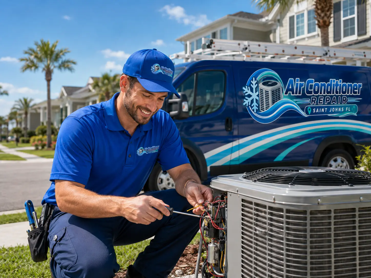 AC technician repairing an outdoor air conditioner condenser at a Saint Johns Florida home