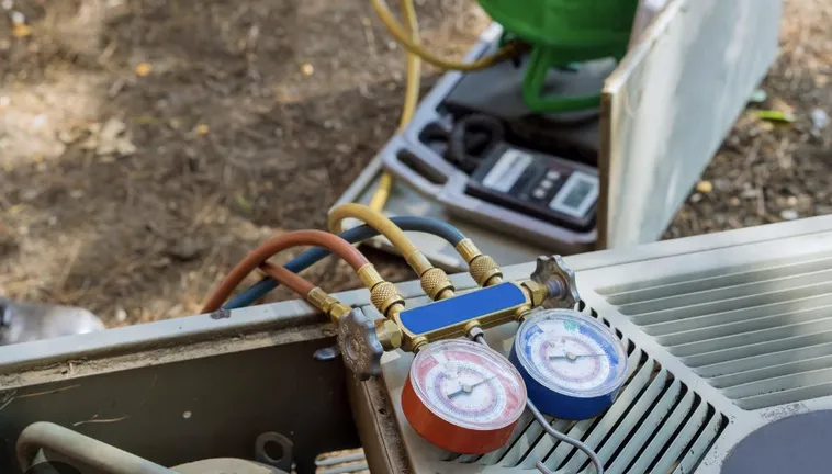 HVAC technician testing system operation with gauges after a thermostat installation
